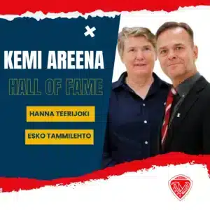 Jääpalloilijat Esko Tammilehto ja Hanna Teerijoki Kemi Areenan Hall of Fameen